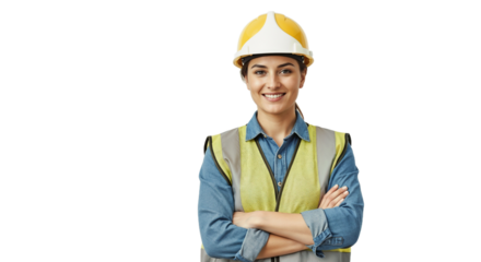 Construction worker smiling in safety gear at a job site during the day