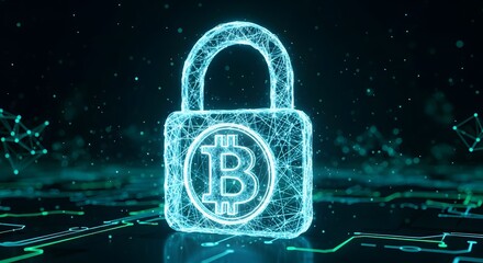 Digital Bitcoin Security Padlock on Abstract Network Background