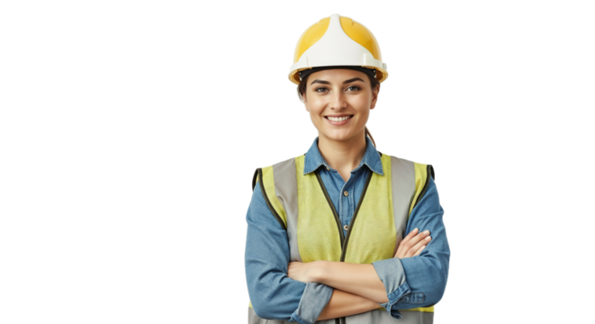 Construction worker smiling in safety gear at a job site during the day