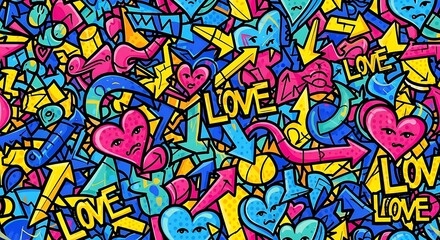 Naklejka premium Vector art of abstract graffiti art with hearts, arrows, and the word love in bright, bold colors