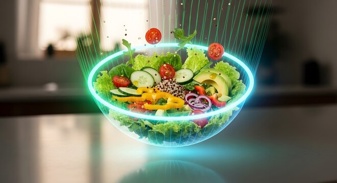 Futuristic Glowing Salad Bowl with Fresh Ingredients. Digital Nutrition & Healthy Food Technology Concept. - Powered by Adobe