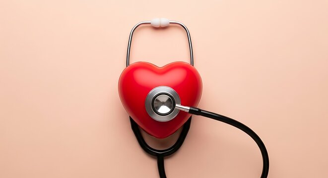 Heart health checkup concept stethoscope examining red heart healthcare and medical examination cardiology