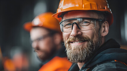 Smiling engineer wearing safety glasses and hardhat in factory