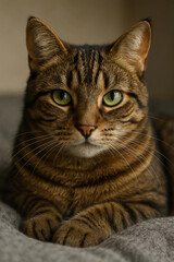 Behold the Majestic Tabby Cat with Striking Green Eyes. This Beautiful Feline is Captured in A Serene Pose, Showcasing its Distinctive Striped Coat And Elegant Whiskers.  