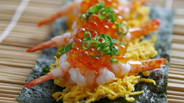A shrimp sushi with salmon roe, shredded egg, green onion, and seaweed arranged on bamboo mat, vibrant colors and fresh ingredients, gourmet japanese cuisine presentation, close up seafood row