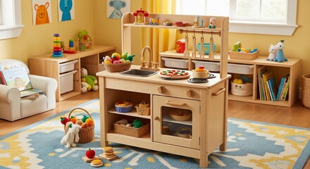 A child's playroom with a wooden play kitchen and colorful toys, inviting imaginative play.