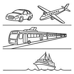 Car airplane train and sailboat line art icons vehicle
