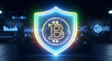 Neon Bitcoin Shield for Cryptocurrency Security and Digital Financial Protection on a Futuristic Tech Background