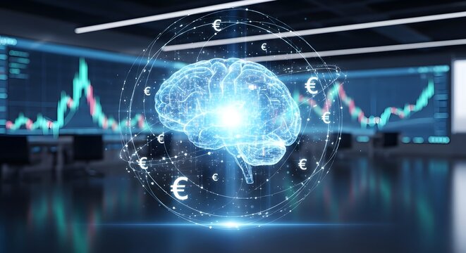 AI Brain with Euro Symbols Analyzing Financial Data in Modern Office. Digital Finance, Investment, and Artificial Intelligence Concept.