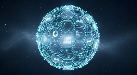 Futuristic Data Sphere with Digital Icons, Global Network, and AI Technology Concept