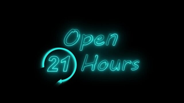 Neon light animation glowing Open 21 Hours vibrant red typography highlighted red circular arrow. bold neon design promotions, service ads, convenience themes. 4k video.