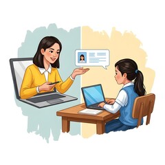 Online tutoring session: A teacher guides a student remotely via video call, providing personalized instruction and support.