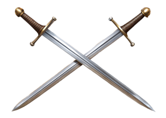Crossed medieval swords metallic gold isolated on a transparent background