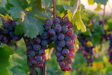 Juicy red grapes mature on sunlit green vineyard vines. Golden hour light bathes the fresh fruit clusters, promising a rich autumn harvest season.
