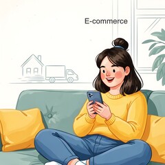 A cheerful woman using a smartphone while relaxing on a sofa, shopping online.