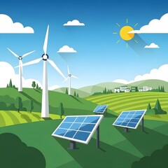 Illustration of wind turbines and solar panels in a green landscape under a sunny sky, showcasing renewable energy.