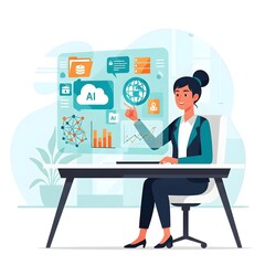 A businesswoman sits at a desk, interacting with a digital interface displaying data and icons.