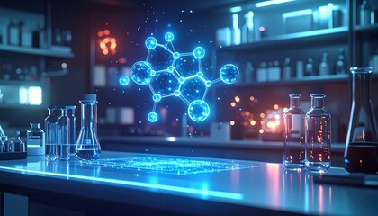 Obraz premium Glowing molecule hovers above laboratory counter amidst glassware and equipment, symbolizing scientific discovery and technological advancement in a futuristic setting.