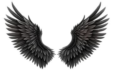 Dark feathered wings spread isolated on a transparent background