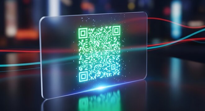Futuristic Glowing QR Code on Transparent Screen with Digital Data Streams