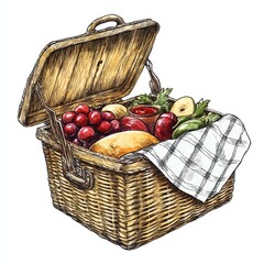 Watercolor drawing of a picnic basket filled with fruits on a white background
