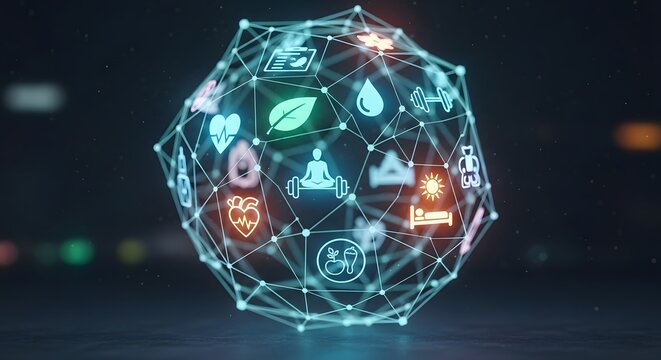 Digital Health & Wellness Network Sphere with Glowing Icons: Connected Wellbeing Ecosystem Concept