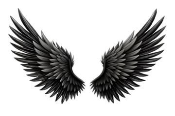 Dark feathered wings spread isolated on a transparent background