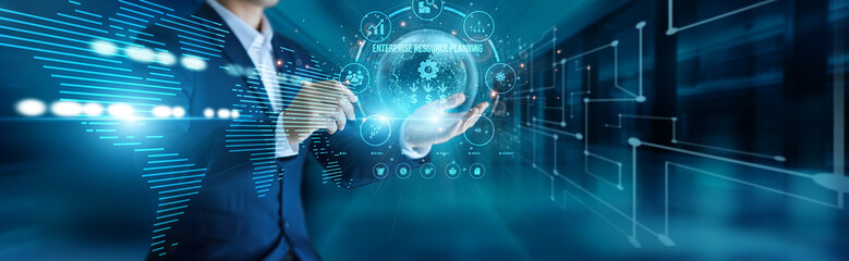 Business analyst connect to global network Enterprise Resource Planning, integrating business processes, managing finance, streamlining supply chains, supporting data-driven decisions globally.