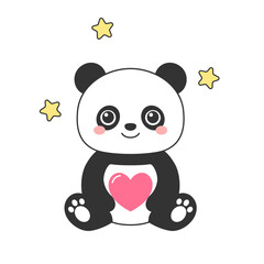 Obraz premium Cute cartoon panda holding pink heart with yellow stars