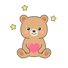 Cute Brown Bear with Heart and Stars
