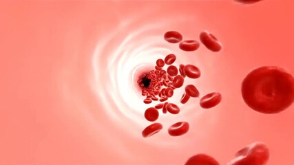 A medical illustration of red blood cells flowing through a blood vessel with a central thrombus or clot.