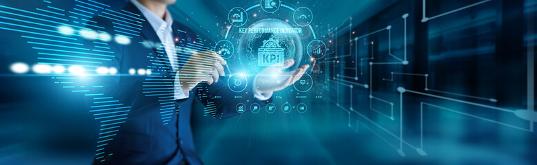 Business analyst connect to global network Key Performance Indicator, measuring success metrics, evaluating team efficiency, tracking progress, improving organizational performance globally.