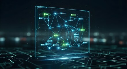 Futuristic Holographic AI Network Display on Digital Circuit Board: Data & Machine Learning Concept