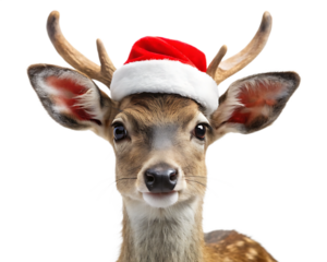 Festive deer wearing Santa hat isolated on a transparent background