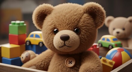 Cute Brown Teddy Bear Toy with Toy Cars and Blocks in Playroom