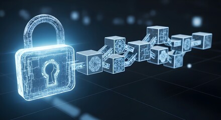 Digital Blockchain Security Concept with Wireframe Padlock and Connected Data Blocks