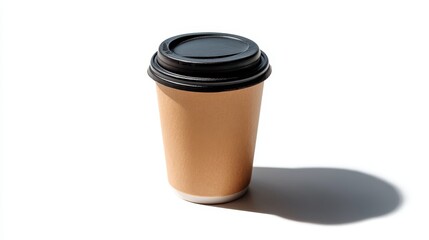 Closeup of disposable paper coffee cup with dark lid and textured tan surface on white background with copy space