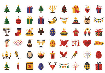 Fototapeta premium Collection of various holiday and festive icons, including Christmas trees, gifts, and religious symbols.