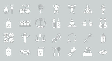 Collection of various white silhouette icons on gray background.