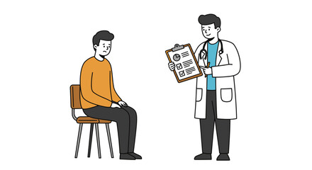A doctor in a white coat holding a clipboard and talking to a patient sitting on a chair.