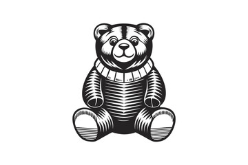 Black and White Teddy Bear with Striped Body Sitting on a White Background