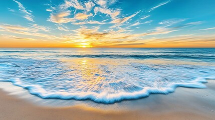 Fototapeta premium Serene Sunrise Over Calm Ocean Waves with Colorful Sky and Soft Sandy Beach