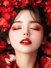 A close-up portrait of a woman surrounded by vibrant red flowers, showcasing flawless makeup with bold red tones, This image is ideal for beauty campaigns, fashion magazines, or social media content,