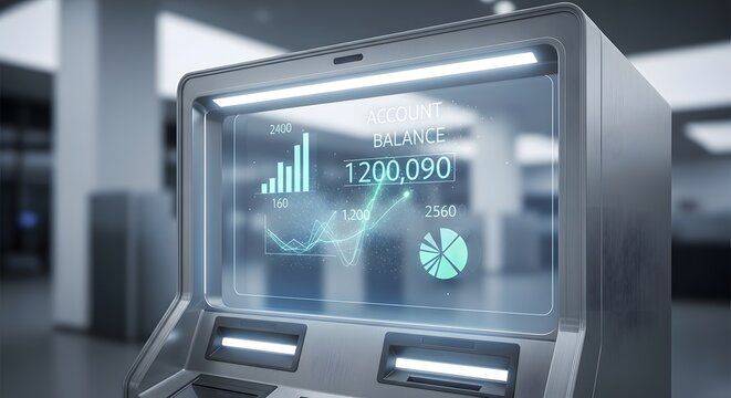 Futuristic ATM with Transparent Screen Displaying Financial Data, Balance, and Growth Charts. Modern Digital Banking Technology.