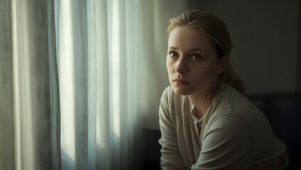 Pensive young woman gazing out window with sheer curtains, conveying thoughtful emotion and quiet reflection in soft light