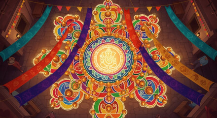 Obraz premium Vibrant ceiling decoration with intricate designs and colorful patterns in a cultural building