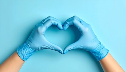 Hands in blue surgical gloves forming a heart shape against a light blue backdrop, symbolizing care and protection during the pandemic.