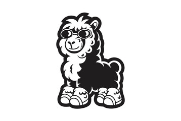 Black Fluffy Llama Wearing Glasses on White Background Style