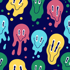 Funny melting smiley face colorful seamless pattern. Vector graphics.