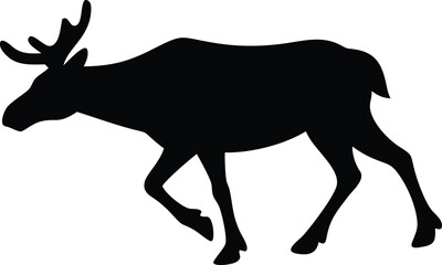 Black Moose Silhouette Walking Isolated on White Background